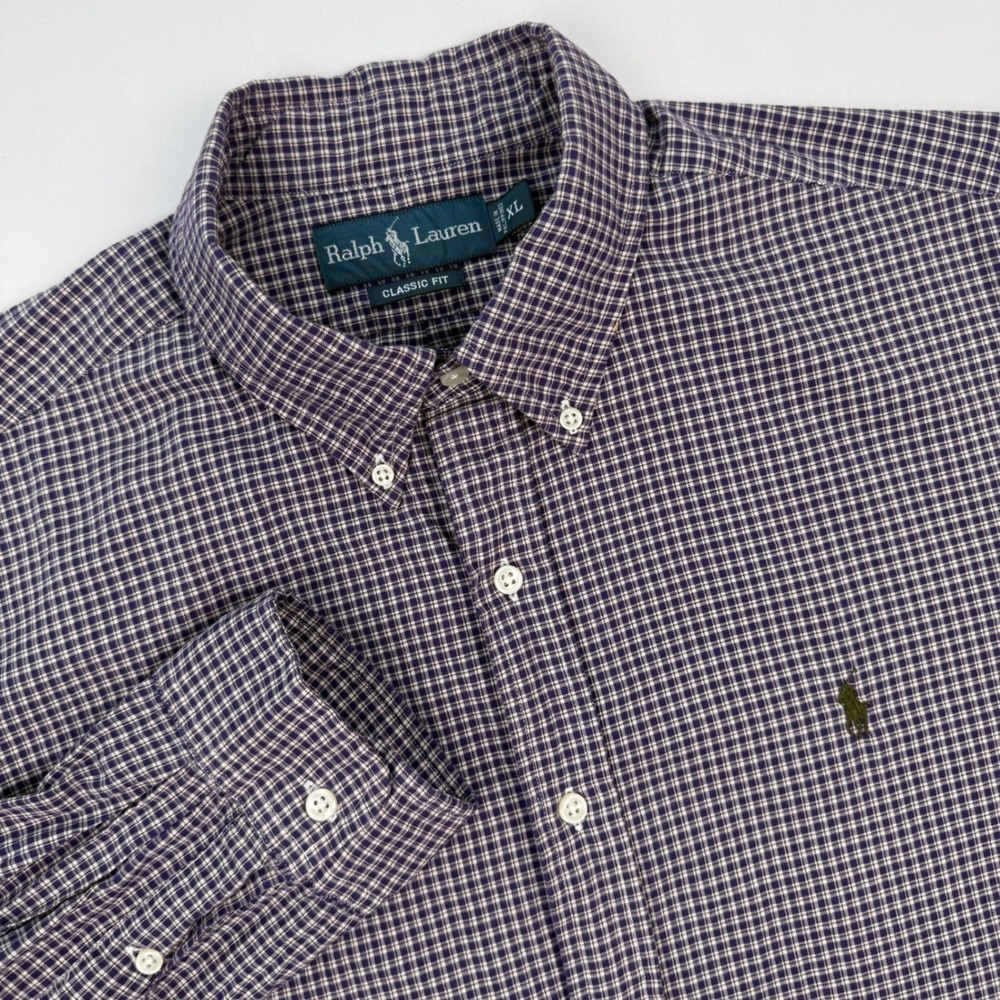 Ralph Lauren Classic Fit Shirt Mens XL Purple White Check Cotton Button Down